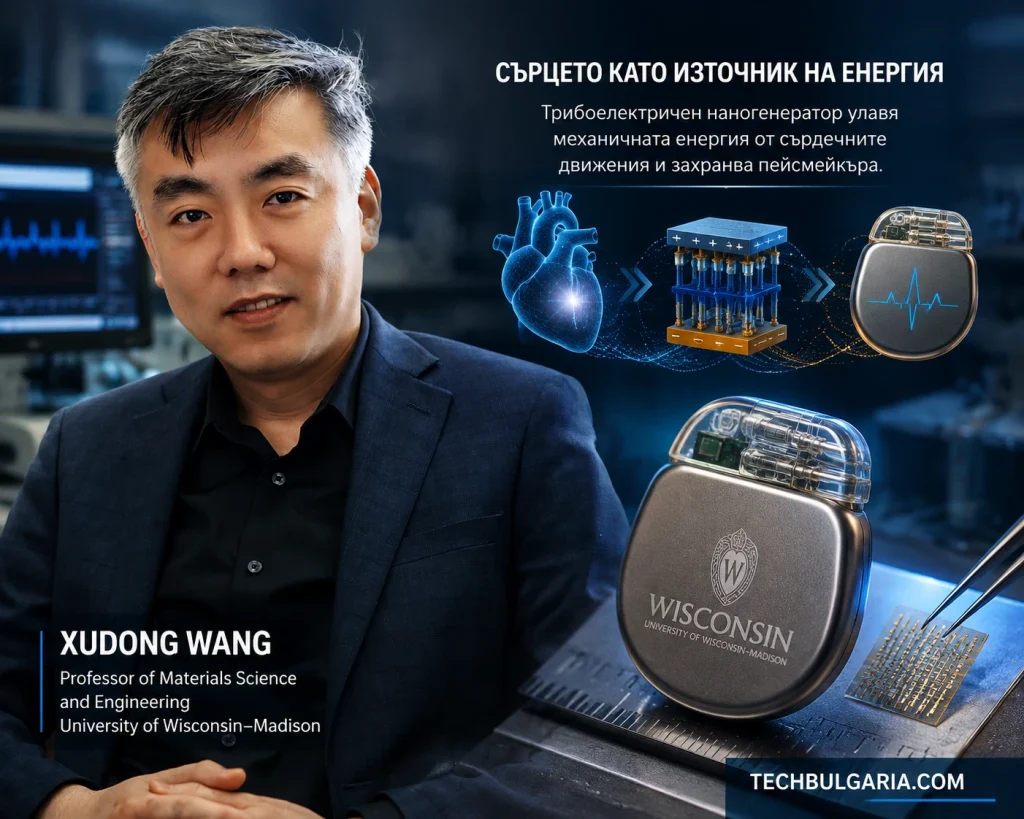 Професор Xudong Wang от University of Wisconsin–Madison и концептуална визуализация на пейсмейкър, който използва енергията от движението на сърцето