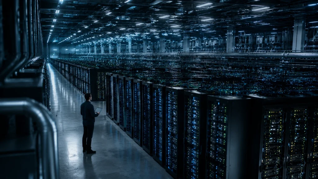Огромен AI център за данни със сървърни системи, които осигуряват изчислителната мощ за изкуствен интелект