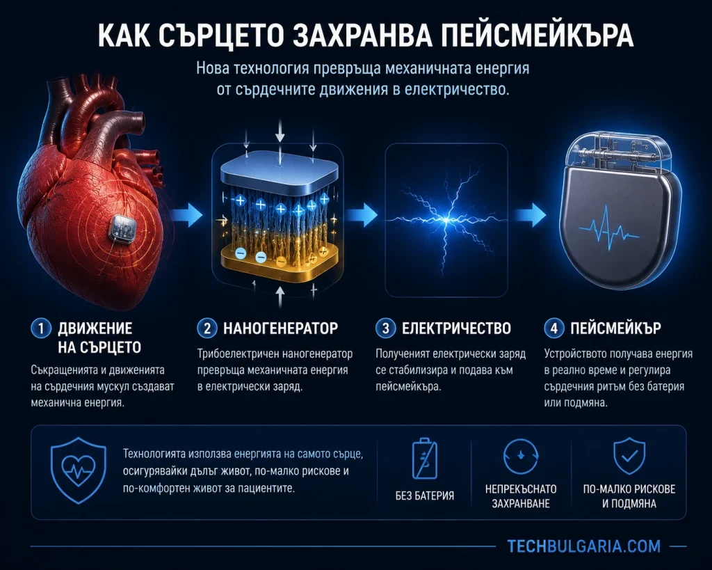 Инфографика, показваща как движението на сърцето се преобразува в електричество чрез трибоелектричен наногенератор за захранване на пейсмейкър