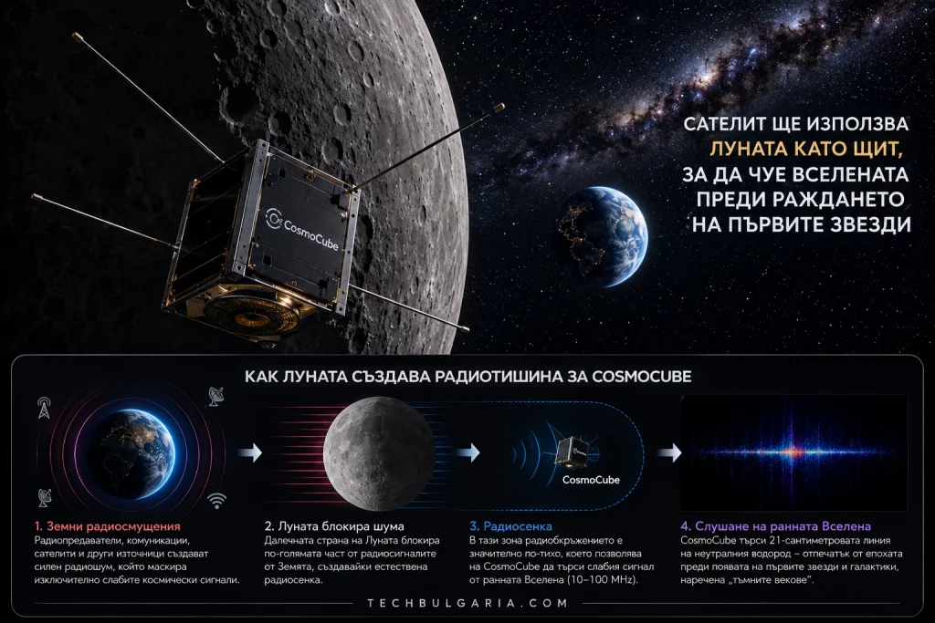 Как CosmoCube използва Луната като радиощит срещу земните радиосмущения