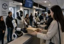 Хуманоиден робот Unitree подава пратка на клиент в куриерски офис, докато друг робот обслужва клиент