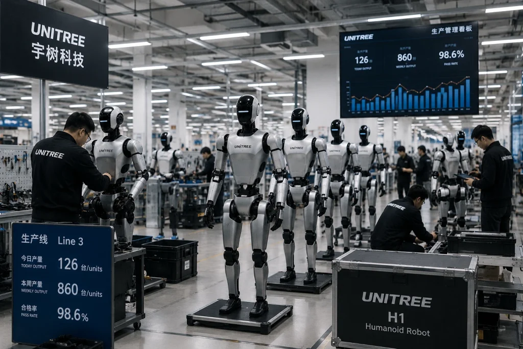 Хуманоидни роботи Unitree и техници в роботизирана производствена линия