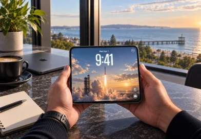 Apple iPhone Duo в ръцете на потребител с разгънат сгъваем дисплей