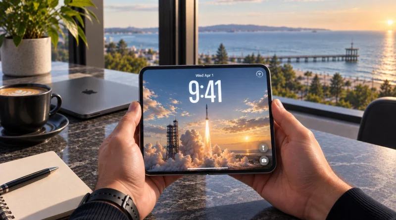 Apple iPhone Duo в ръцете на потребител с разгънат сгъваем дисплей