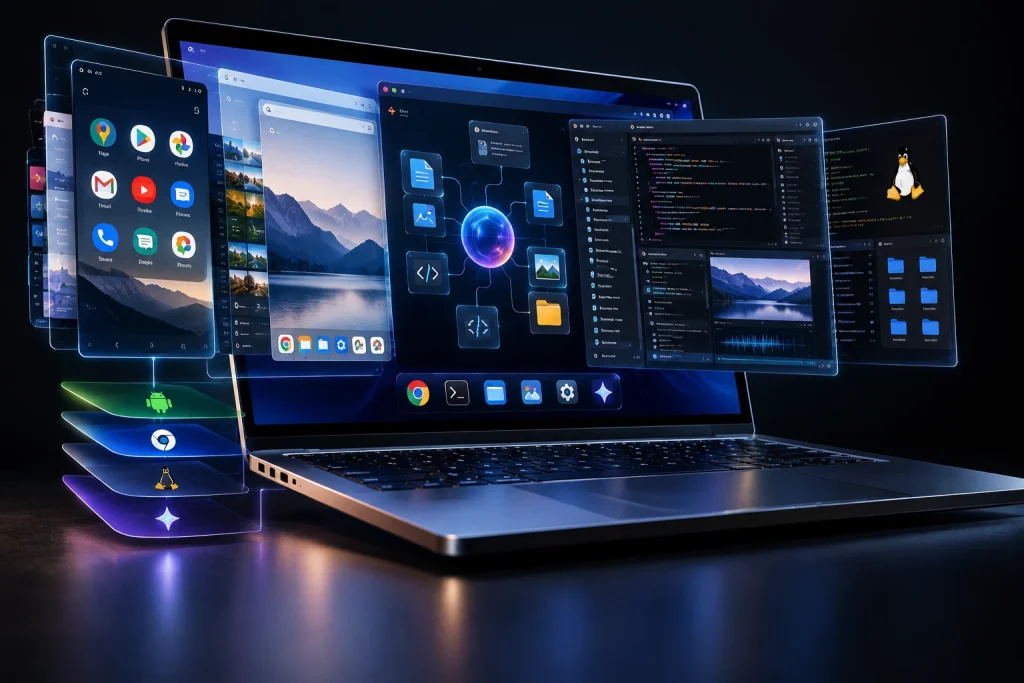 Лаптоп с обединени Android, ChromeOS, Linux и AI среди за работа