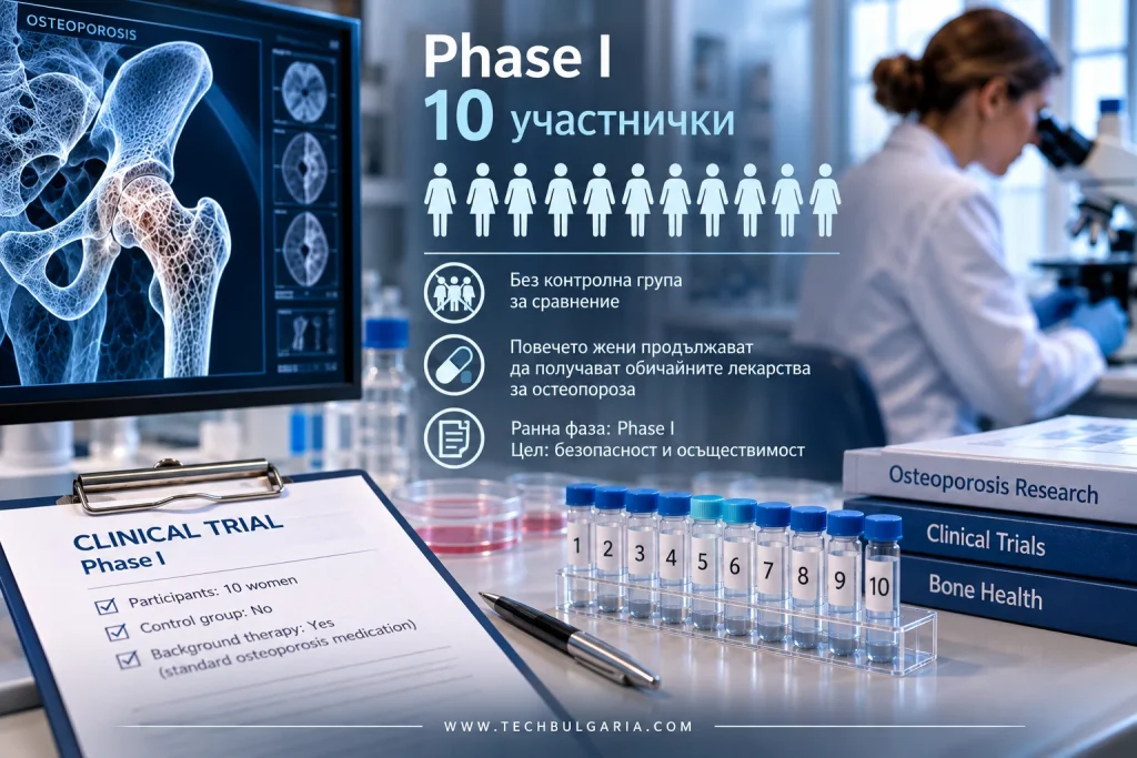 Клинично изпитване Phase I за клетъчна терапия при остеопороза с 10 участнички и без контролна група.