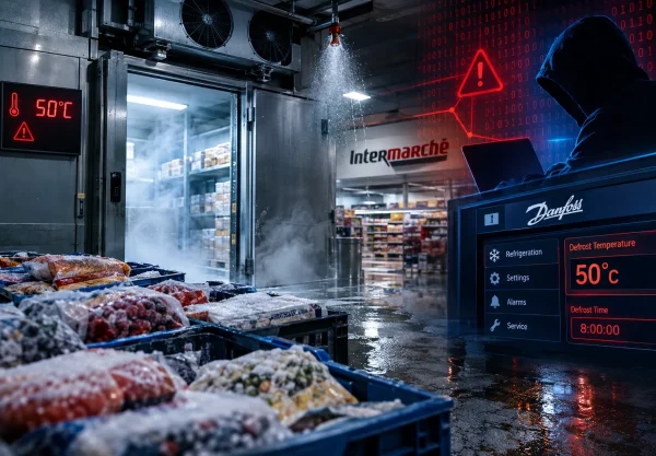 Кибератака срещу хладилна система в супермаркет, показваща температура от 50°C и предупредителен сигнал.