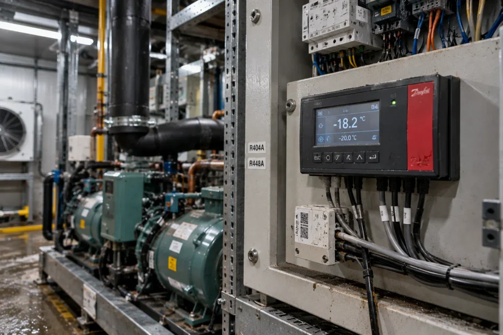Индустриален контролер Danfoss за управление на хладилна система в техническо помещение.
