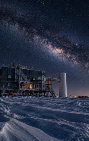 IceCube Laboratory в Антарктида под звездното небе на Южния полюс.
