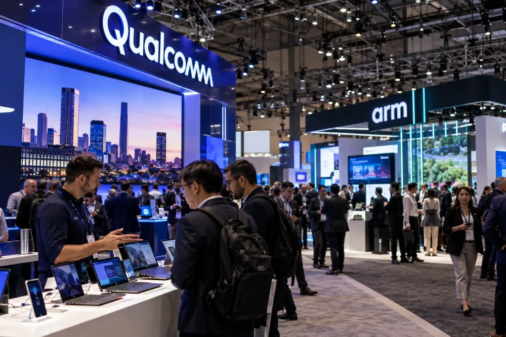 Щандовете на Qualcomm и Arm на технологично изложение