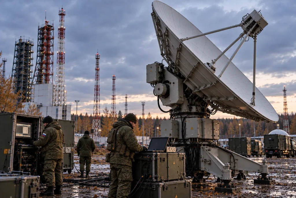 Руска сателитна комуникационна станция с голяма параболична антена и военнослужещи“