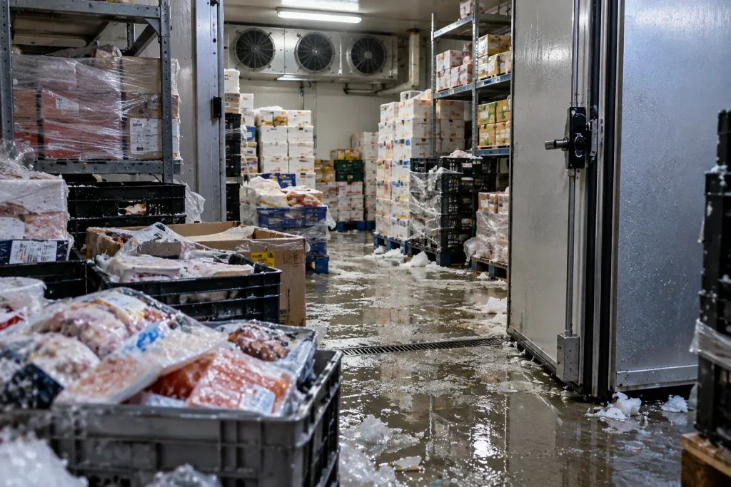 Наводнена хладилна камера в супермаркет с палети и хранителни продукти след повреда в системата за охлаждане.
