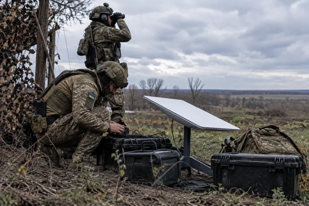 Украински военнослужещи работят със Starlink терминал на полева позиция