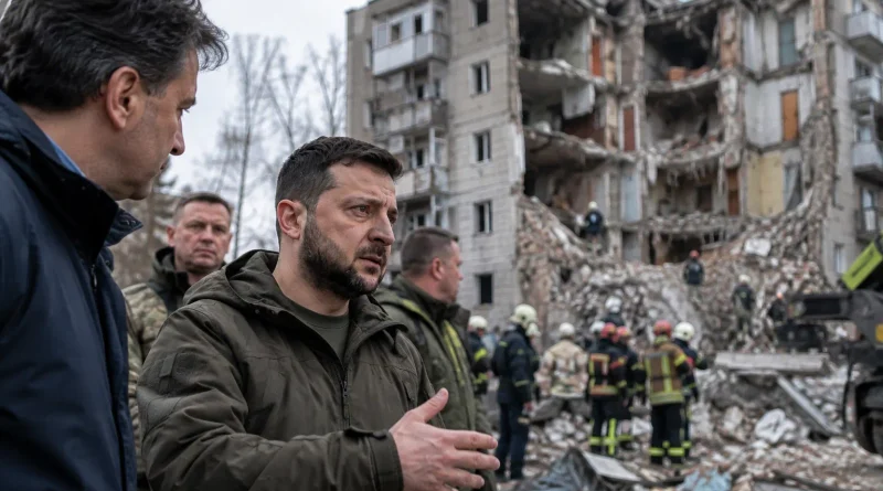 Володимир Зеленски пред разрушен жилищен блок в Украйна на фона на спасителни екипи